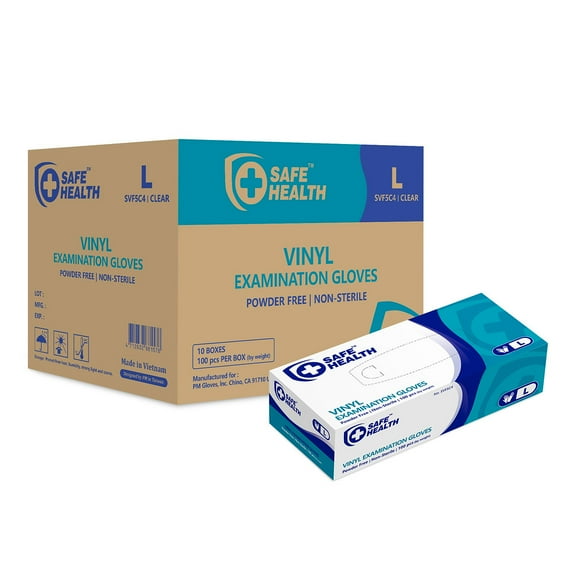 SAFEHEALTH Clear Vinyl Exam Gloves, Powder Free, Latex Free,  Medical Grade, Disposable, Nursing-Office-Law Enforcement-Kitchen-Pet Care-Cleaning-Daily Use, Case of 1000, Size L
