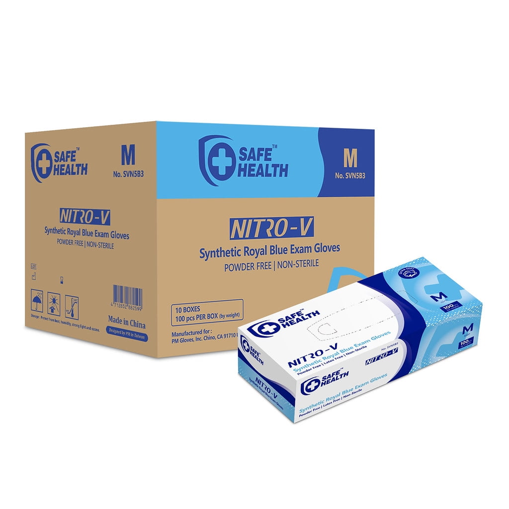 SAFEHEALTH Nitro-V Nitile-Vinyl Synthetic Blue Exam Gloves-Medium, Latex-Free, Powder-Free, Medical Grade, Disposable, Clinic-Nursing-Food-Nail Hair Salon-Tattoo-Cleaning, Case of 1000