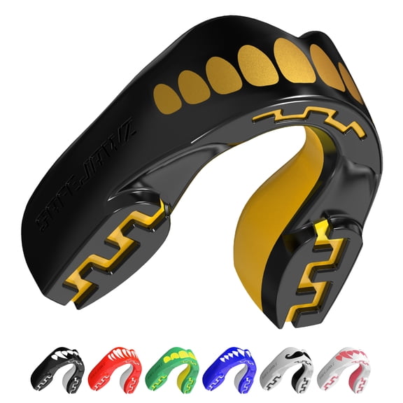 SAFEJAWZ Sports Mouth Guard, Dual Layer Adults and Junior Mouthguard with Case (Juniors < 11 Years, Gold)