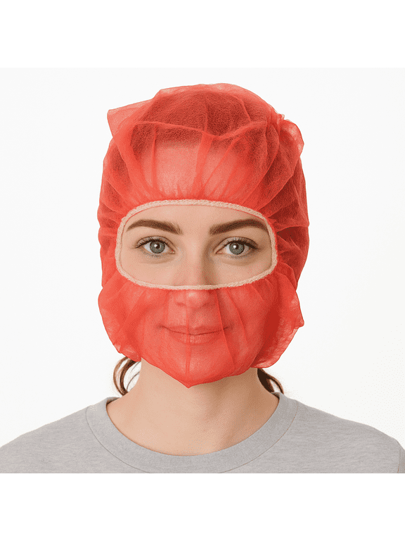 Polypropylene Hood, Disposable Catering Bonnets, Hairnet & Beard Cover Net for Work, Food Service (Red, 100)
