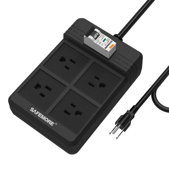 SAFEMORE GFCI Power Strip with 4 Outlets, 6FT Heavy Duty Extension Cord(1875W/15A) with 10mA RCBO Circuit Breaker for Home/Factory Production Workshop/Garage/Indoor - Black