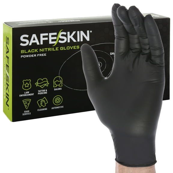 SAFESKIN Black Nitrile Disposable Gloves Powder Free Latex Free Tattoo, Food Prep, Auto Salons, Cleaning, Law Enforcement,  3.5 mil, Size Large, Box of 100