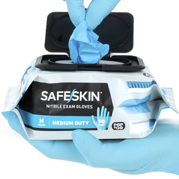 SAFESKIN Nitrile Disposable Gloves in Pack of 50, Medium Duty, Medium Size, Powder Free - For Food Handling, First Aid, Cleaning, Gardening, Crafting - Premium Medical Exam Gloves