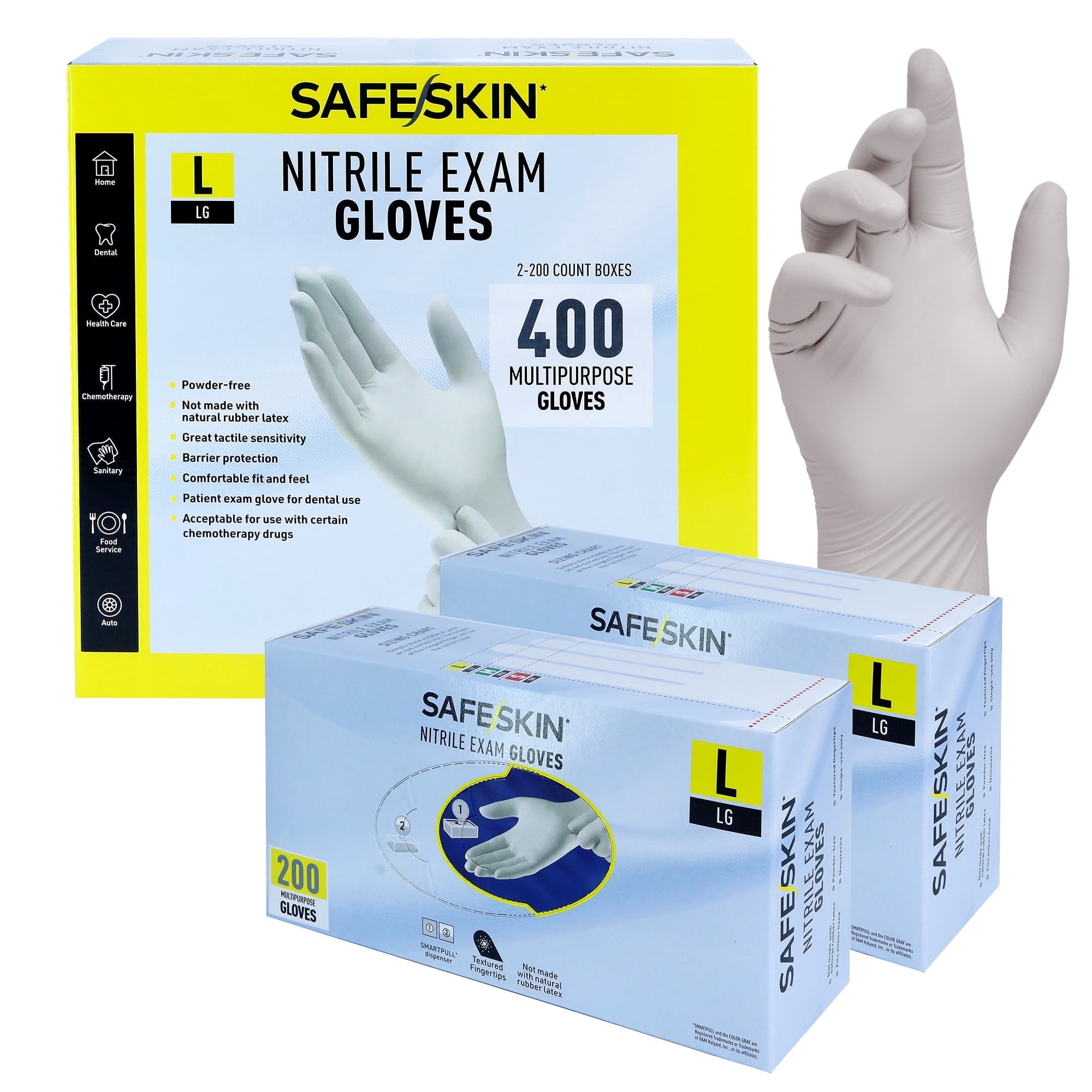 SAFESKIN Nitrile Exam Gloves - Disposable Powder Free Nitrile Gloves for Medical, Dental, Chemotherapy, Cleaning, Cooking, Food Prep, Auto - 3.5 mil Bundle 400, Size Large