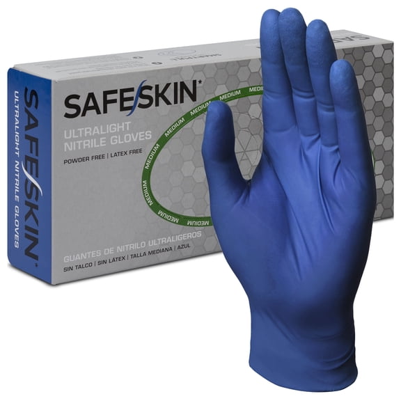 SAFESKIN Ultralight Disposable Nitrile Gloves - 2.0 Mil, Blue, Medium, 100 Count - Powder Free, Latex Free, All Purpose, Food Prep, Cooking, General Household Use