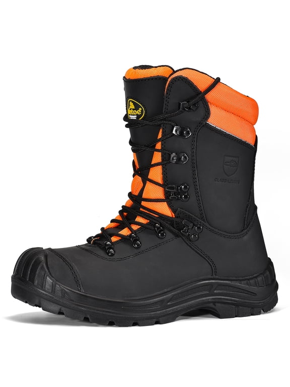 Class 1 Ultra Cow Leather Chainsaw Work Boots - Protective Grade 1 Steel Toe Cap Safety Shoes Kevlar Plate Safety Boots For Men with Slip-Resistant Soles