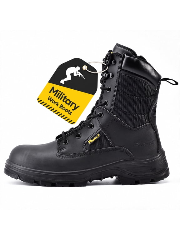 Heavy Duty Tactical Boots Men's Cow Leather Boots 8" Steel Toe Work Safety Shoes with Side Zipper Non-Slip Lightweight Comfortable