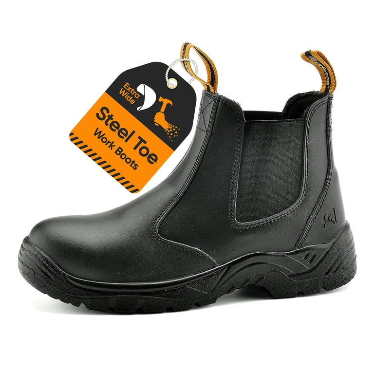 SAFETOE Men's Safety Boots-[ASTM Approved] with Lightweight Wide Fit Steel  Toe Cap, Black Waterproof Slip On Cow Leather Work boots
