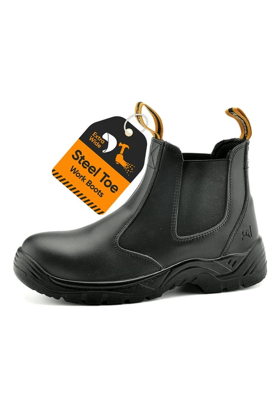 Men's Safety Boots with Lightweight Wide Fit Steel Toe Cap, Black Waterproof Slip On Cow Leather Work boots
