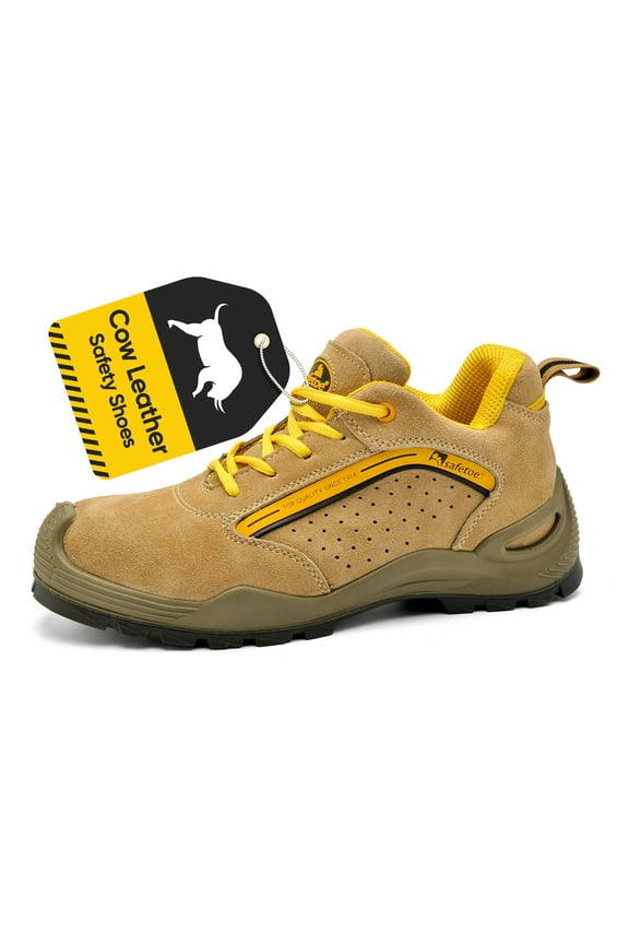 Mens Safety Shoes Steel Toe Shoes Lightweight Cow Leather Work Shoes L-7296 for Heavy Duty Construction Work Wide Fit Non Slip