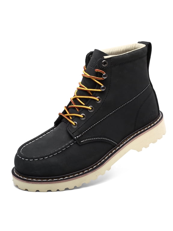 Moc Toe Work Boots for Men Soft Toe Comfortable Full-Grain Leather 6" Non Slip and Water Resistant Safety Ankle Workboots Black 10.5
