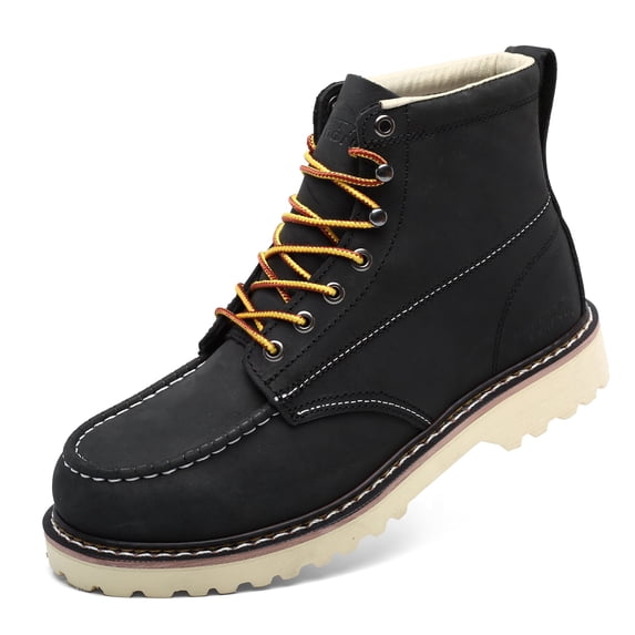 SAFETY LOONG Moc Toe Work Boots for Men Soft Toe Comfortable Full-Grain Leather 6" Non Slip and Water Resistant Safety Ankle Workboots Black 9