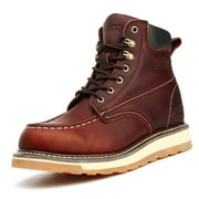 SAFETY LOONG Moc Toe Work Boots for Men Soft Toe Comfortable Full Grain Leather Non Slip Wedge Outsole Construction 6 Inch Workboots-Red Brown Size 10