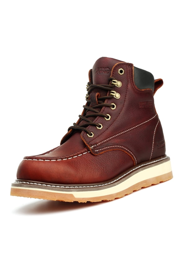 Moc Toe Work Boots for Men Soft Toe Comfortable Full Grain Leather Non Slip Wedge Outsole Construction 6 Inch Workboots-Red Brown Size 7