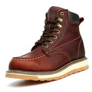 SAFETY LOONG Moc Toe Work Boots for Men Soft Toe Comfortable Full Grain Leather Non Slip Wedge Outsole Construction 6 Inch Workboots-Red Brown Size 7