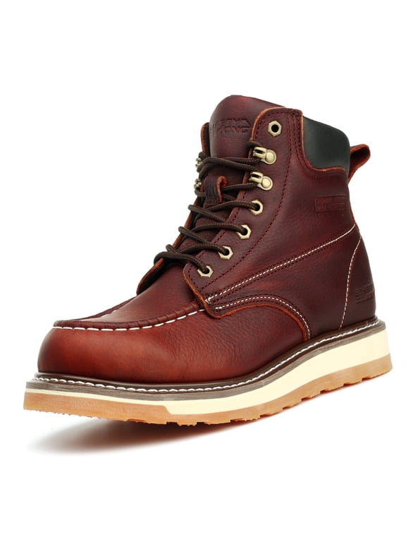Moc Toe Work Boots for Men Soft Toe Comfortable Full Grain Leather Non Slip Wedge Outsole Construction 6" Workboots Red Brown 8.5