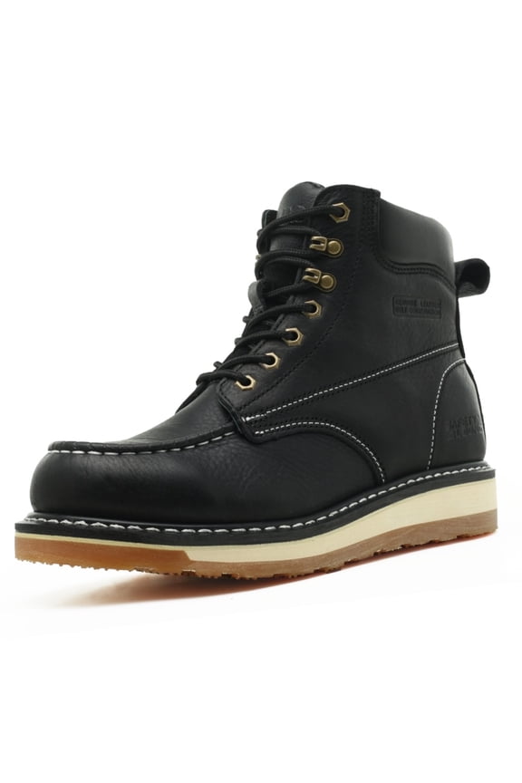 Moc Toe Work Boots for Men Soft Toe Comfortable Full Grain Leather Non Slip Wedge Outsole Construction 6" Workboots Black 14