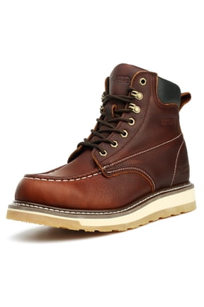 Moc Toe Work Boots for Men Steel Toe Comfortable Full Grain Leather Non Slip Wedge Outsole Construction 6" Workboots 10.5