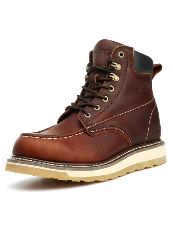 Moc Toe Work Boots for Men Steel Toe Comfortable Full Grain Leather Non Slip Wedge Outsole Construction 6" Workboots 10