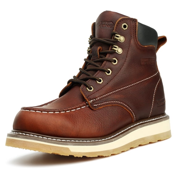 SAFETY LOONG Moc Toe Work Boots for Men Steel Toe Comfortable Full Grain Leather Non Slip Wedge Outsole Construction 6" Workboots 12