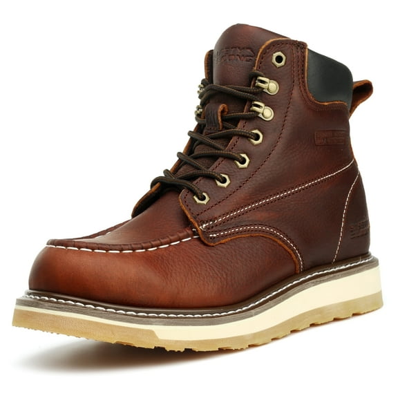 SAFETY LOONG Moc Toe Work Boots for Men Steel Toe Comfortable Full Grain Leather Non Slip Wedge Outsole Construction 6" Workboots 7.5