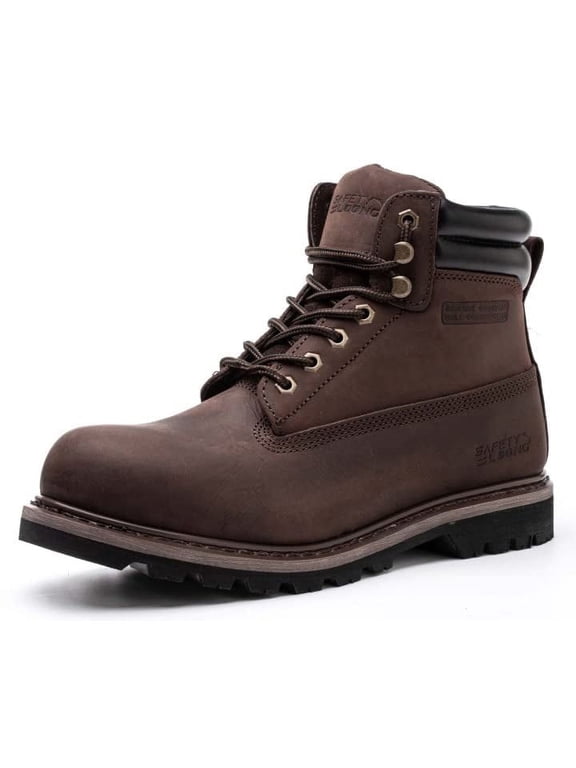 Work Boots for Men Soft Toe Non Slip Rubber Sole Comfortable Full Grain Leather Waterproof Goodyear Welt Construction Shoes Brown 9.5