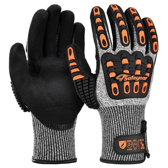 SAFEYEAR ANSI A4 Cut Resistant Gloves, Nitrile Coated with TPR Impact Protection, Hi-Vis Orange Anti-Slip Safety Work Gloves for Construction