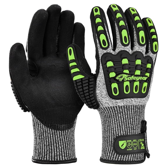 SAFEYEAR ANSI A4 Cut Resistant Gloves, Nitrile Coated with TPR Impact Protection, Hi-Vis Yellow Anti-Slip Safety Work Gloves for Construction