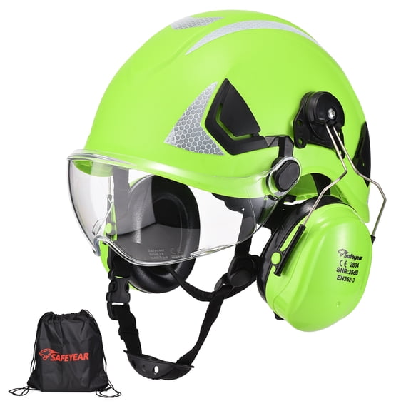 SAFEYEAR Construction Hard Hat with Face Shield & Earmuffs, ANSI Z89.1 Type I Class C, ABS Hi-Vis Helmet for Jobsites & Heavy-Duty Work