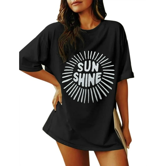 SAFRISIOR Women Oversized Sunshine Letter Sun Print Graphic T-Shirt Crewneck Short Sleeve Loose Tee Casual Shirt Top Summer