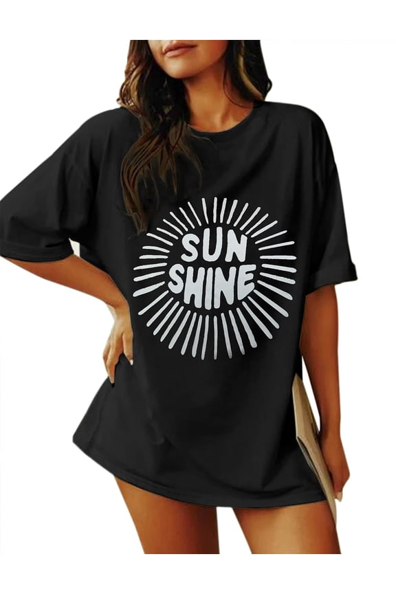 SAFRISIOR Women Oversized Sunshine Letter Sun Print Graphic T-Shirt Crewneck Short Sleeve Loose Tee Casual Shirt Top Summer