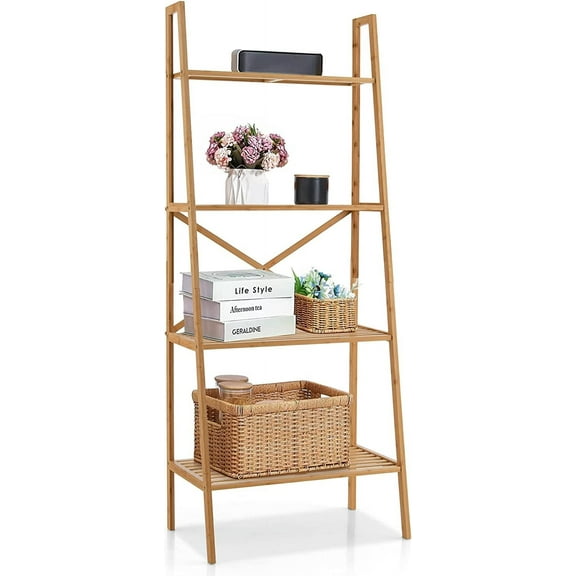 S AFSTAR 4-Tier Freestanding Bamboo Ladder Bookshelf, 58" Tall Ladder Shelf W/Anti-Toppling Device, Wooden Bookcase Storage Rack Plant Stand for Living Room Bedroom Balcony Kitchen Bathroom