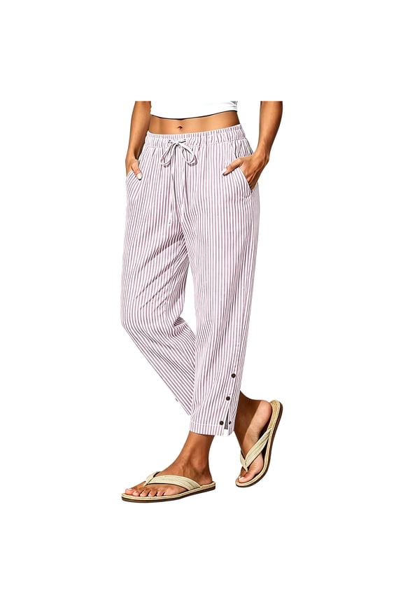 Drawstring Side Button Split Stripe Pants Women Trendy Pants for Street Style Purple XXL
