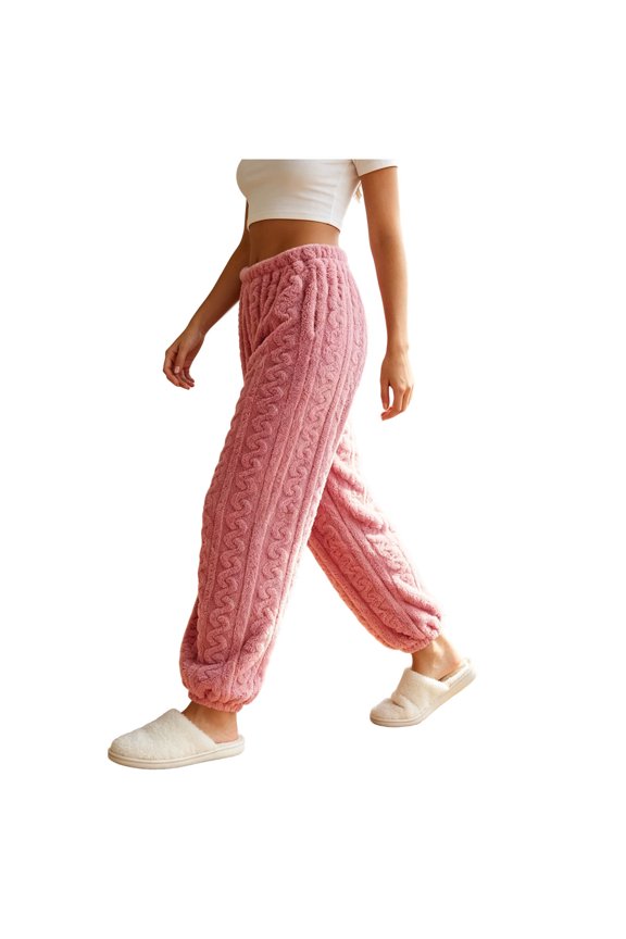 Elastic Waist Cable Knit Cuffed Pants Women Warm Pants for Winter Pink Free Size