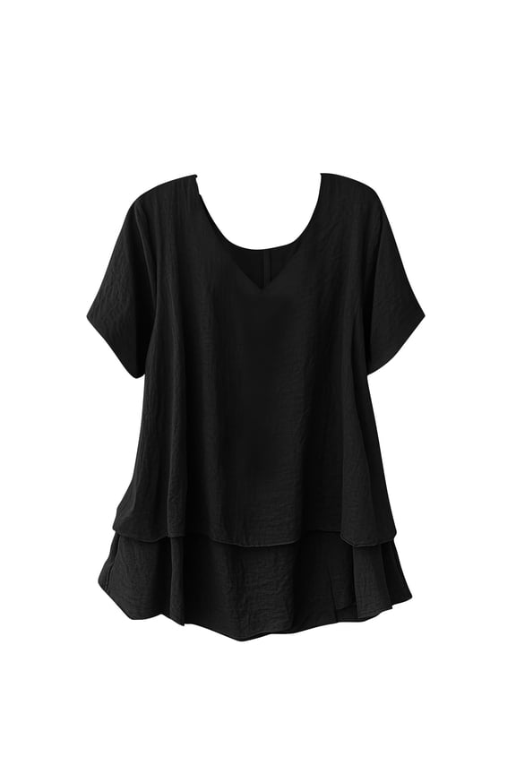 Women Solid V Neck Double Ruffle Hem Short Sleeve Blouse Casual Lightweight Breathable Pullover Top For Daily Wear Black M