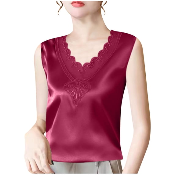 SAFUNY Women's Boat Neck Sleeveless Satin Blouse Elegant Tank Top for Evening Events Red M