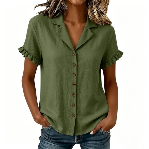 SAFUNY Women's Button Down Shirt Button Closure Collared Neck Short Sleeve Summer Style For All Day Wear Army Green L