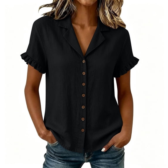 SAFUNY Women's Button Down Shirt Button Closure Collared Neck Short Sleeve Summer Style For All Day Wear Black L