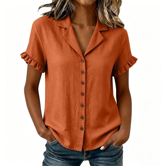 SAFUNY Women's Button Down Shirt Button Closure Collared Neck Short Sleeve Summer Style For All Day Wear Orange M