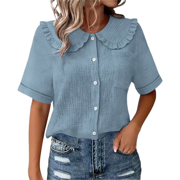 SAFUNY Women's Button Down Shirt Button Closure Short Sleeve Casual High Quality Material For Lasting Wear Navy S