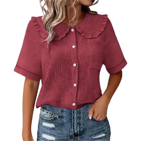 SAFUNY Women's Button Down Shirt Button Closure Short Sleeve Casual Versatile Design For Multiple Occasions Wine L