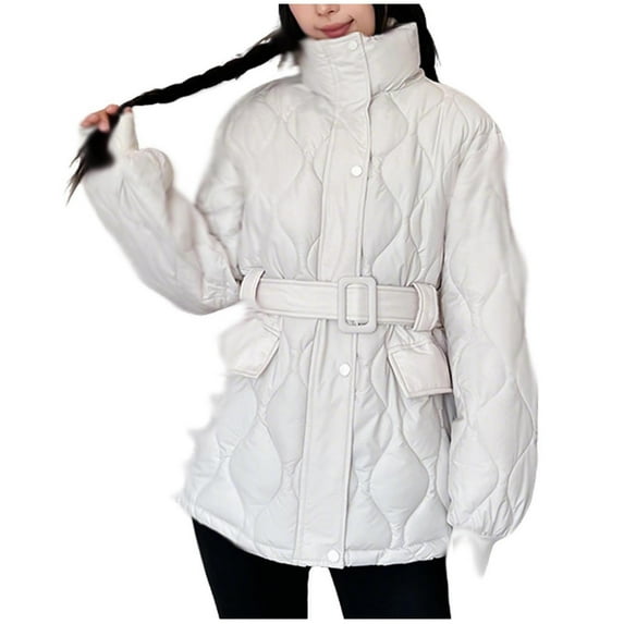 SAFUNY Women’s Cinched Waist Cropped Hooded Puffer Jacket Adjustable Belt Detail Stylish for Casual Outings Cool Seasons White M