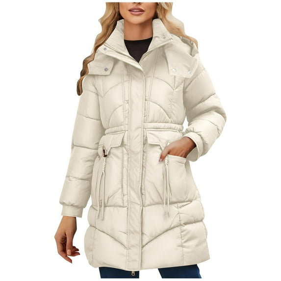 SAFUNY Women’s Cinched Waist Long Hooded Puffer Coat Adjustable Design Stylish Warm for City Strolls Winter White XL