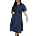 thumbnail image 1 of SAFUNY Women's Collared Short Sleeve Button Placket Shirt Dress Pullover Waist Tie Pocketed Breathable Office Casual Daily Dress Dark Blue XL, 1 of 8