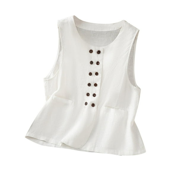 SAFUNY Women's Crew Neck Button Down Sleeveless Blouse Form ting Tank Top for and Evening Outings White M
