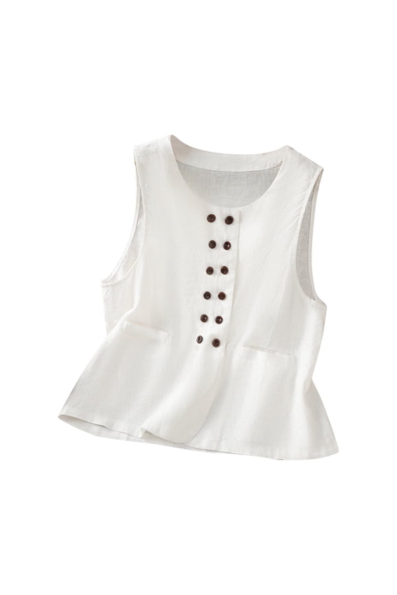 Women's Crew Neck Button Down Sleeveless Blouse Form ting Tank Top for and Evening Outings White M