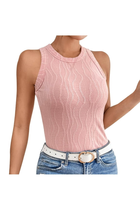 Women's Crew Neck Sleeveless Textured Top Form ting Tank Top for Office Casual and Everyday Style Pink XS