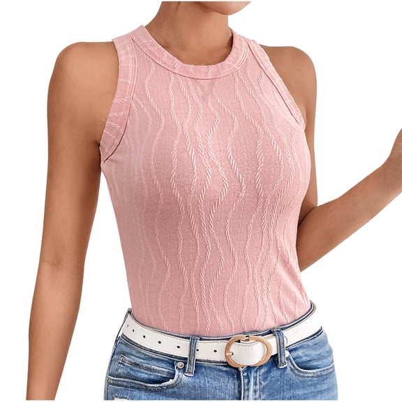 SAFUNY Women's Crew Neck Sleeveless Textured Top Form ting Tank Top for Office Casual and Everyday Style Pink XS