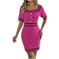 thumbnail image 1 of SAFUNY Women's Crewneck Short Sleeve Button Front Waist Tie Bodycon Midi Dress Pullover Stretchy Office Date Party Dress Hot Pink XL, 1 of 5