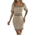 thumbnail image 1 of SAFUNY Women's Crewneck Short Sleeve Button Front Waist Tie Bodycon Midi Dress Pullover Stretchy Office Date Party Dress Khaki S, 1 of 6